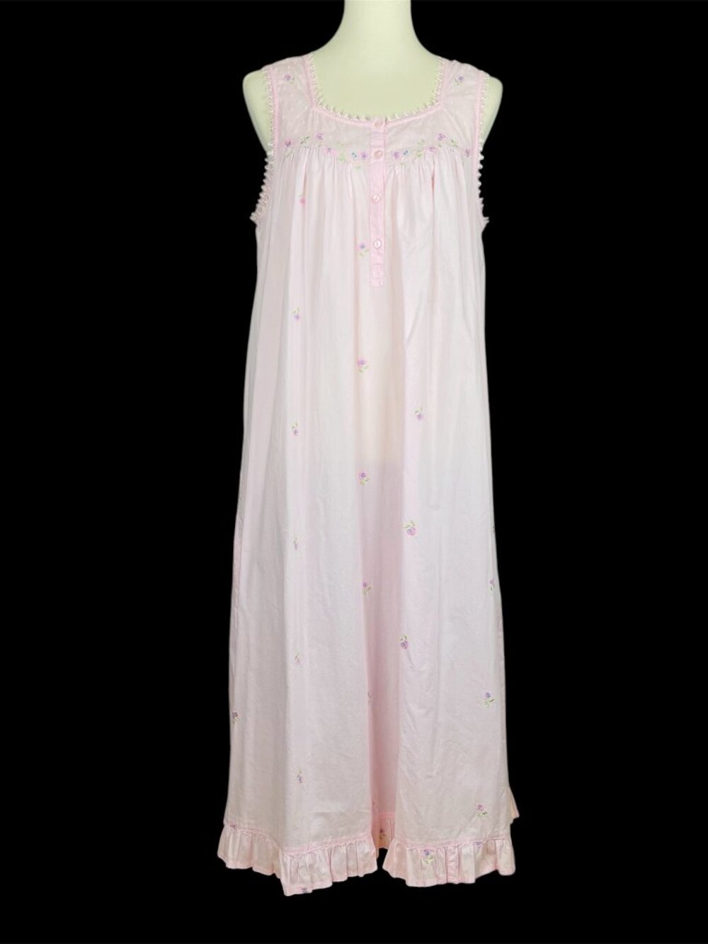 Adonna Summer Nightgown Sz L Rose Cotton Embroidered Ruffle Lace Cottagecore